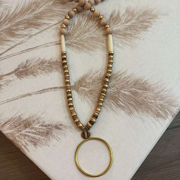 Long Wood Bead Necklace Brass Ring Pendant 38" - Picture 2 of 5